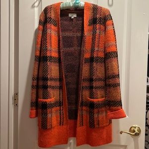 Lucky Brand Brushed Orange Plaid Over-sized Cardigan